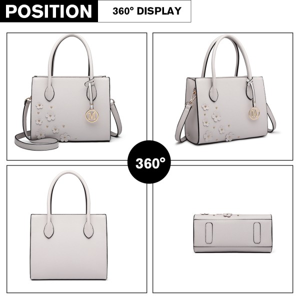 LH6809 - Miss Lulu Embellished Flower Leather Look Handbag - Light Grey LH6809 - Miss Lulu Embellished Flower Leather Look Handbag - Light Grey